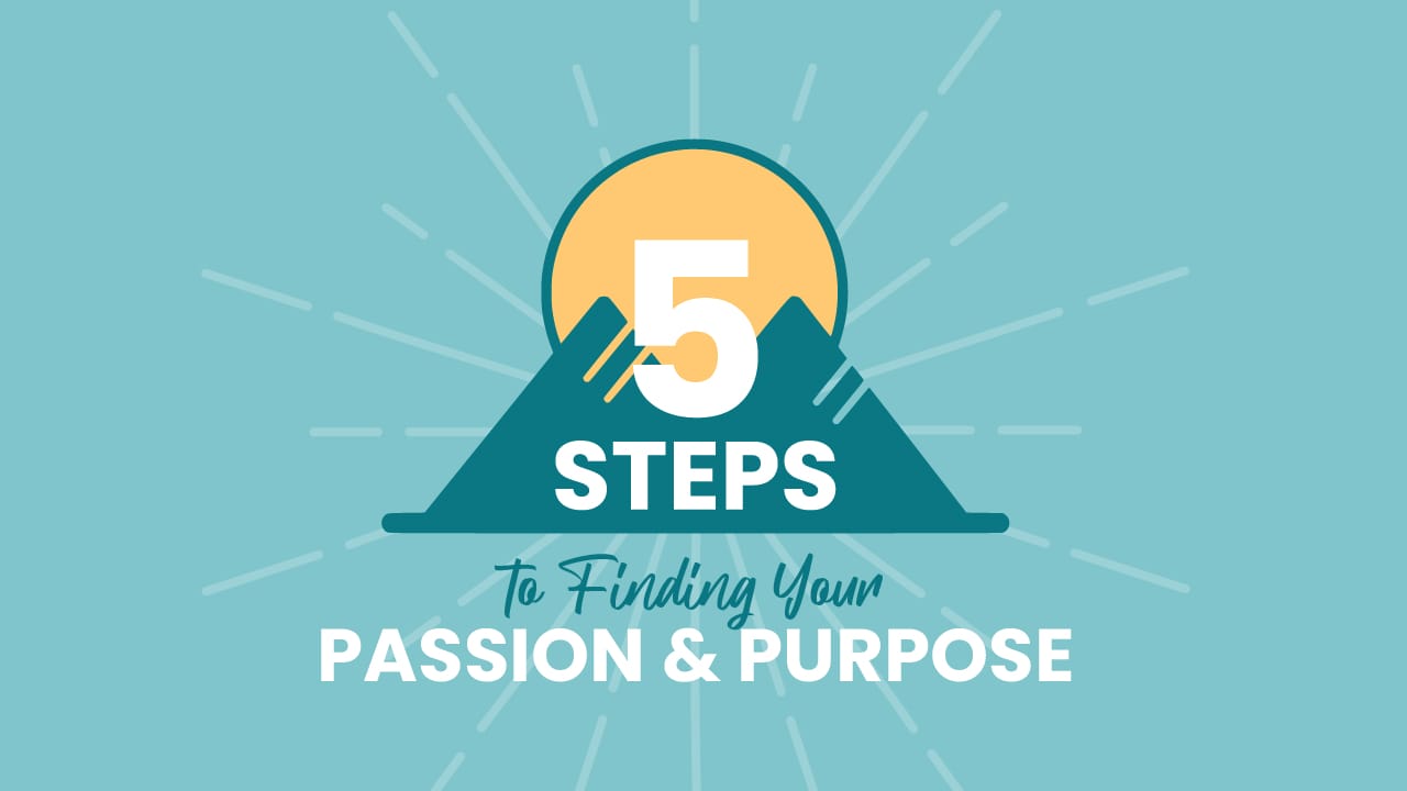 Graphic of mountains with sun rising. Five steps to finding your passion and purpose.